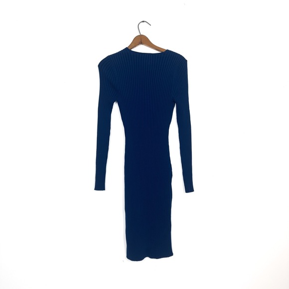 Wolford Blue Virgin Wool-Cotton Ribbed V-Neck Dress • Elegant Bodycon Knit -‎ M - Picture 2 of 6